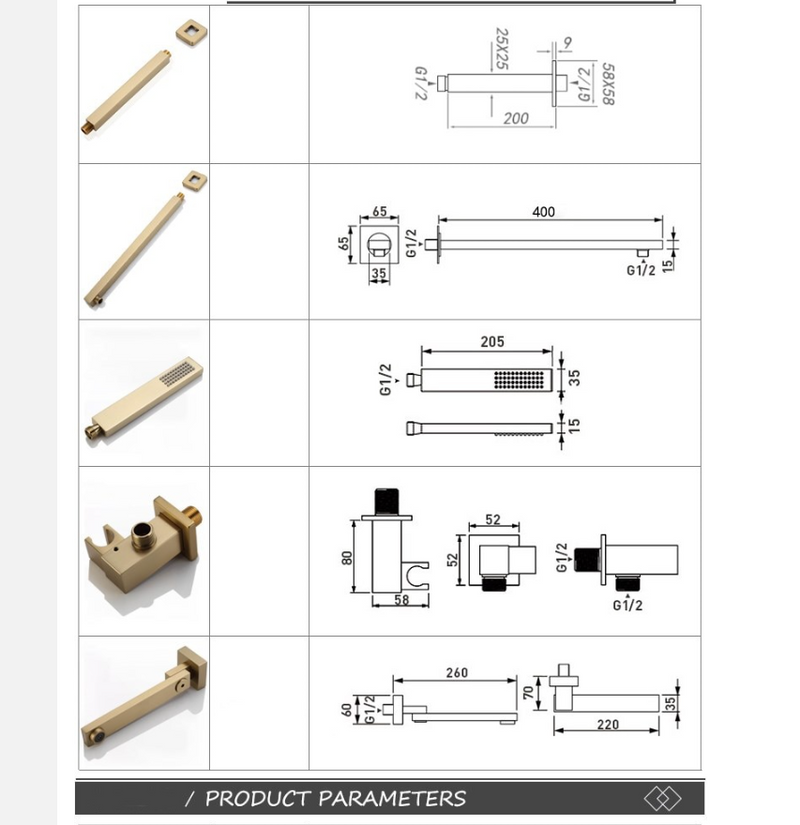 Polished Gold- Brushed Gold 3 Way Thermostatic Wall and ceiling Mount Completed Shower Kit