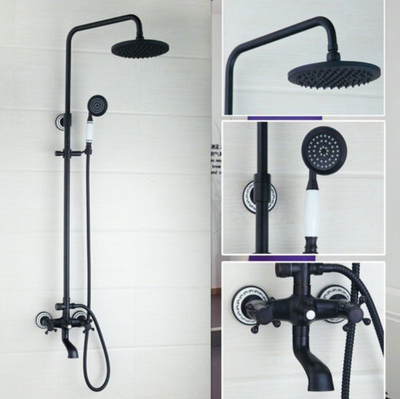 Oil rubbed bronze Victoria Antique 8" Inch rain head , hand spray and tub swivel spout with real porcelain handles cover 3 way shower system kit