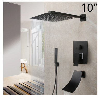 Black Square 10" Rain Head 3 way function Hand Held Spray and Tub Filler Shower Kit