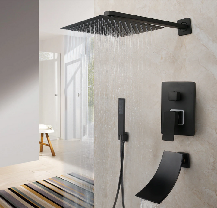 CSA Certifed-Black Square 10" Rain Head 3 way function Hand Held Spray and Tub Filler Shower Kit