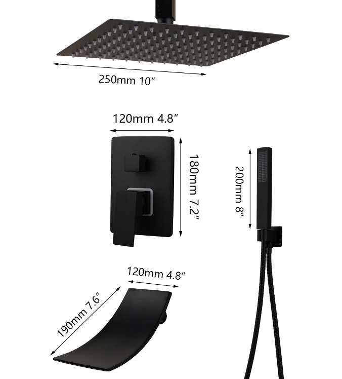 CSA Certifed-Black Square 10" Rain Head 3 way function Hand Held Spray and Tub Filler Shower Kit