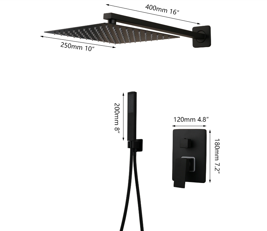 CSA Certifed-Black Square 10" Rain Head 3 way function Hand Held Spray and Tub Filler Shower Kit