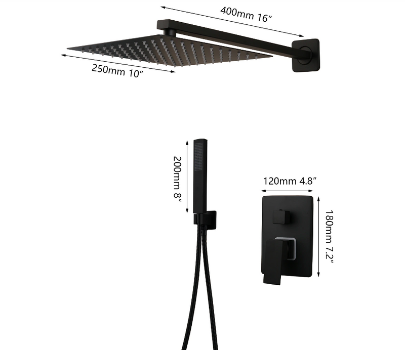 Black Square 10" Rain Head 3 way function Hand Held Spray and Tub Filler Shower Kit