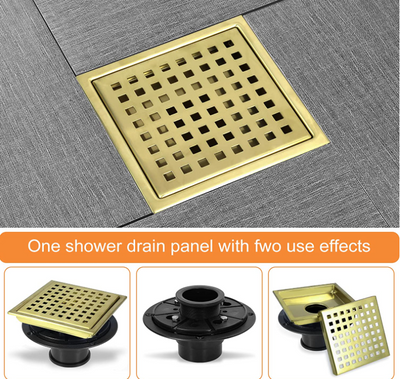 Brushed gold square shower drain 6" x6"