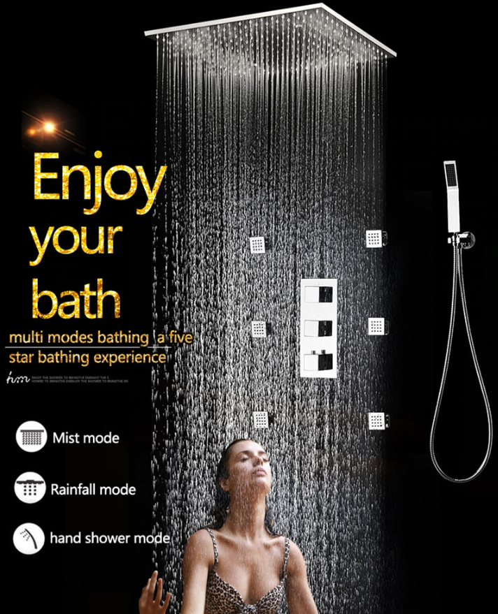 Chrome CSA - 20"x20" Rain head thermostatic 4 way function diverter completer shower kit