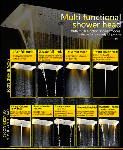 Chrome 23"x15" Ceiling Flushmount Rain Head Mist,Rain,Waterfall mode with LED Chromatherapy lights completed shower system spa kit