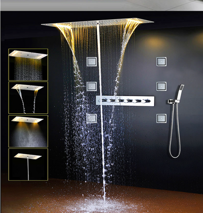 Chrome 23"x15" Ceiling Flushmount Rain Head Mist,Rain,Waterfall mode with LED Chromatherapy lights completed shower system spa kit