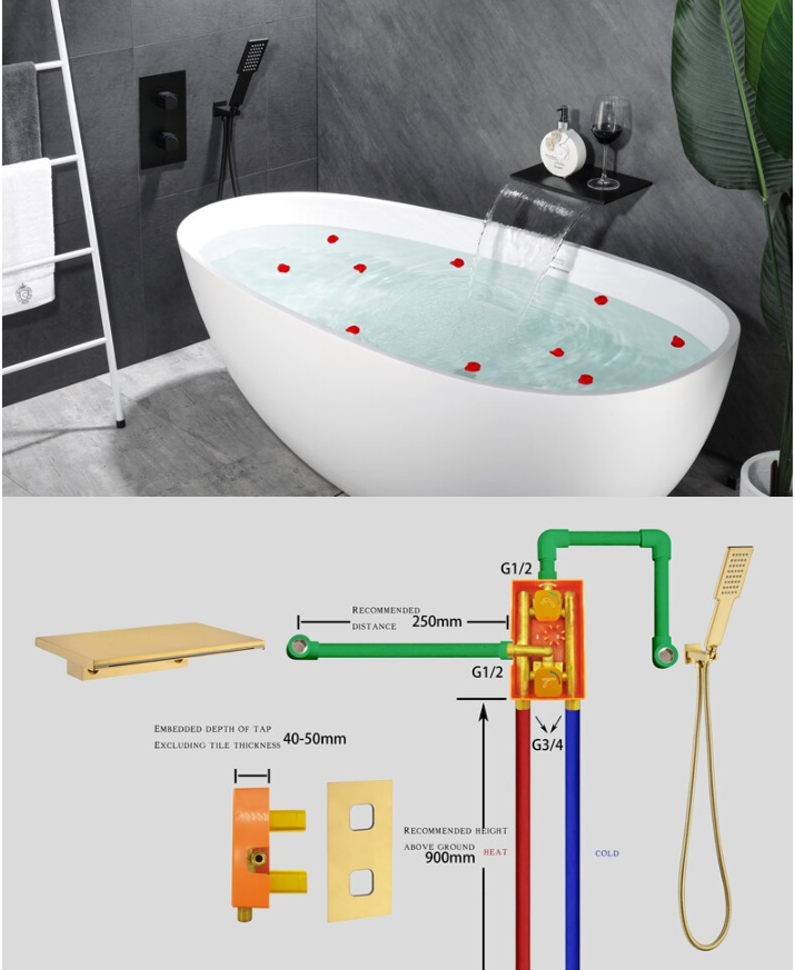Wall Mounted Waterfall Tub Spout Bathtub Filler Faucet 2 way function diverter hand spray kit