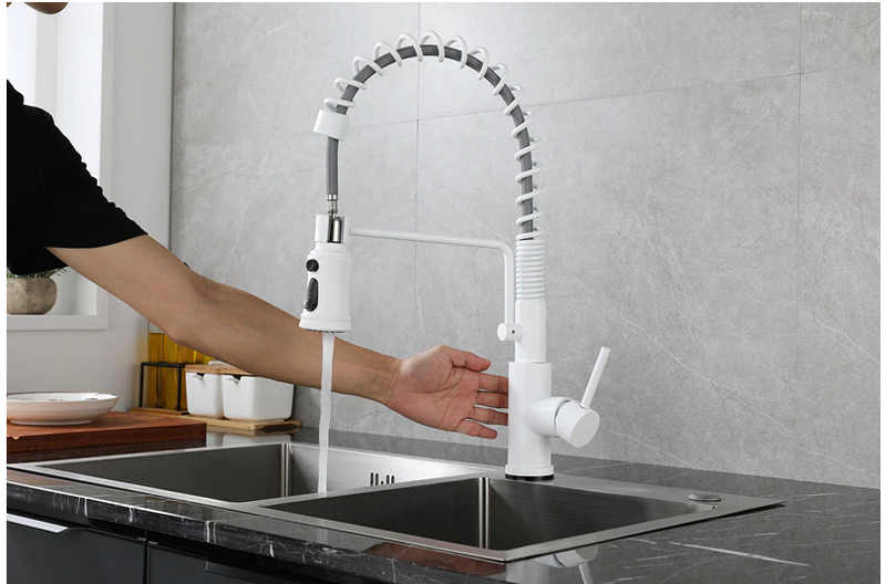 White Touchless Sensor Chef Pullout Dual Sprayer Kitchen Faucet