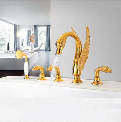 Gold polish swan 5 pcs deck mount bathtyb filler faucet set