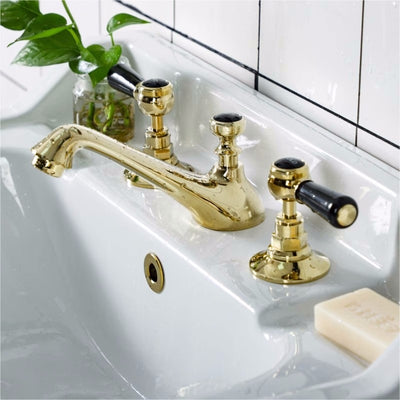 Victorian Gold polish with black two tone 8" inch wide spread bathroom faucet