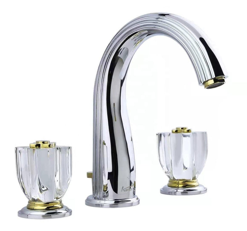Palacio-Gold polished brass with crystal handles 8" inch wide spread bathroom faucet