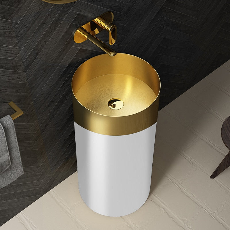 White with Gold Round Stainless Steel Floor Standing Pedestal Sink