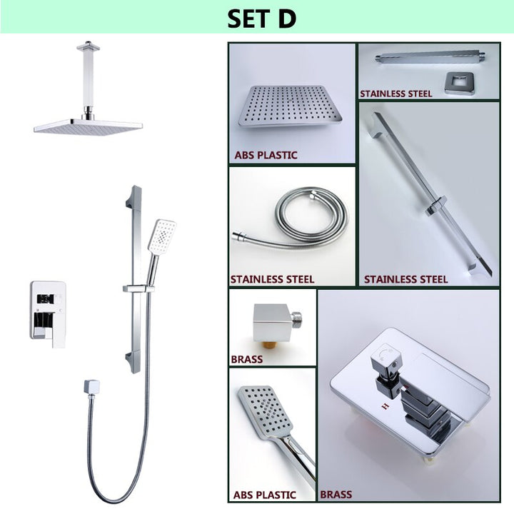 CSA certified-Chrome Square 12" Inch Rain Head Pressure Balance 2 way Function Diverter with slide bar Shower Kit
