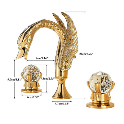 Gold Polished Swan 8 Inch Wide Spread Lavatory Faucet With Crystal Handles