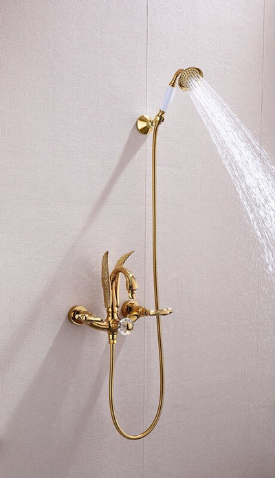 Gold Polished Swan Bathtub Filler 2 Way with Porcelain Handle sprayer
