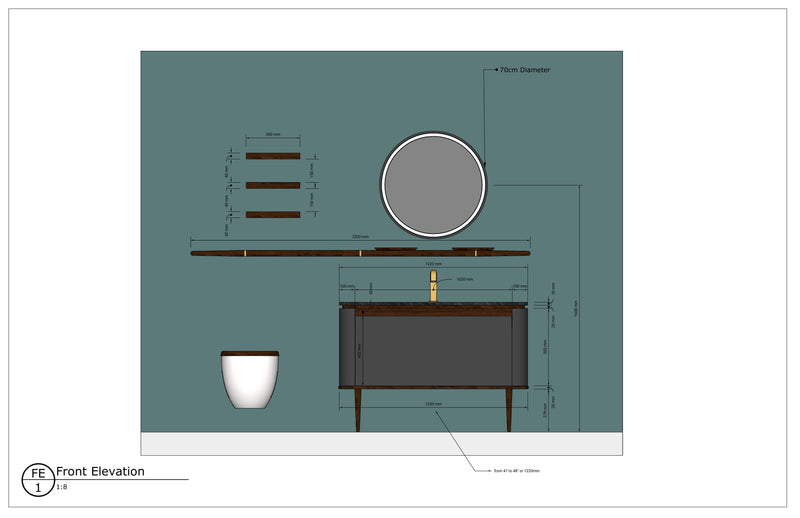 Art Deco Design Model Turin- Grey Gun Gloss single bowl 2 Front Legs Solid Walnut Wood Bathroom Vanity Set size 48"