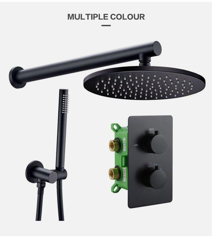 Black Round 10" Inch Rain Head Thermostatic 2 Way Function Diverter Shower Kit