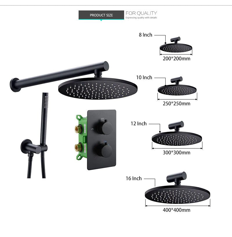 Black thermostatic round shower 2way function diverter with hand spray complete kit