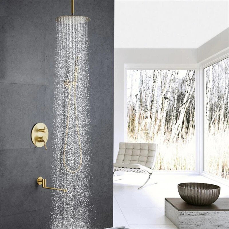 CSA Certified-Brushed Gold Round 10 Inch Rain Head 3 Way Diverter & Tub Filler Shower Kit