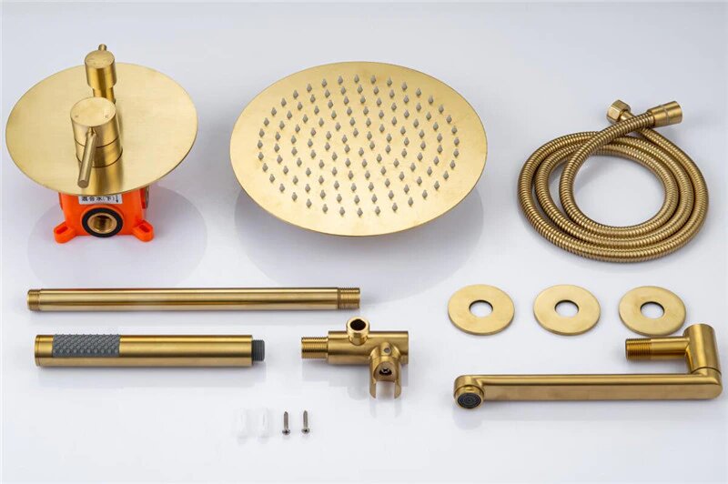 CSA Certified-Brushed Gold Round 10 Inch Rain Head 3 Way Diverter & Tub Filler Shower Kit