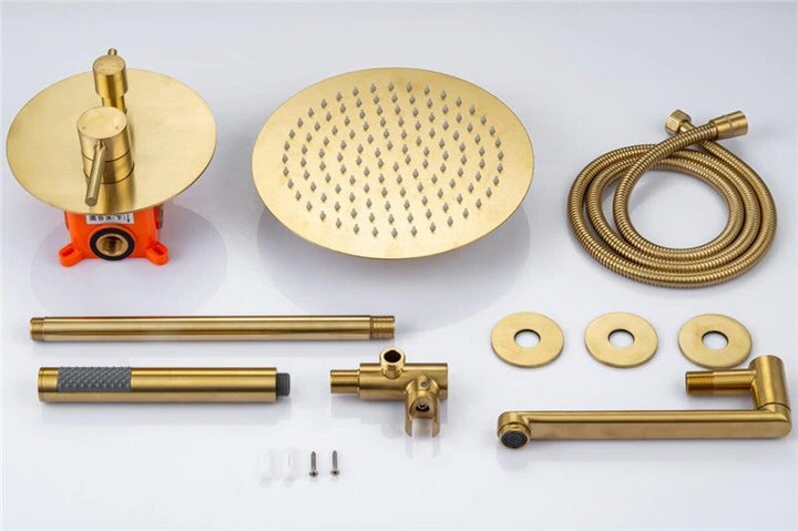 CSA Certified-Brushed Gold Round 10 Inch Rain Head 3 Way Diverter & Tub Filler Shower Kit