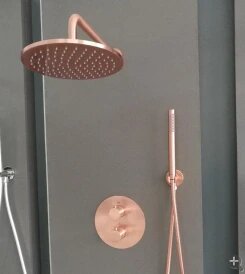 Brushed Rose Gold Satin  12" Round rain Head 2 Way Function Diverter with hand spray thermostatic  shower kit