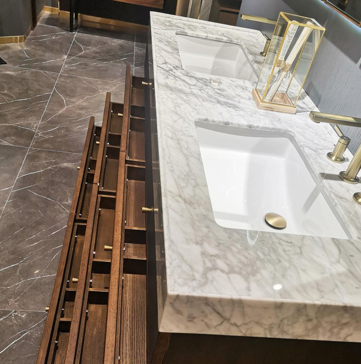 Tuscan-Grey leather with brushed gold trim solid oak wood modern bathroom vanity 48"-72"