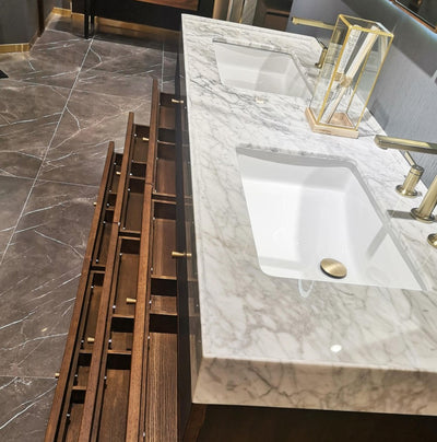 Tuscan-Grey with brushed gold trim solid walnut wood modern bathroom vanity