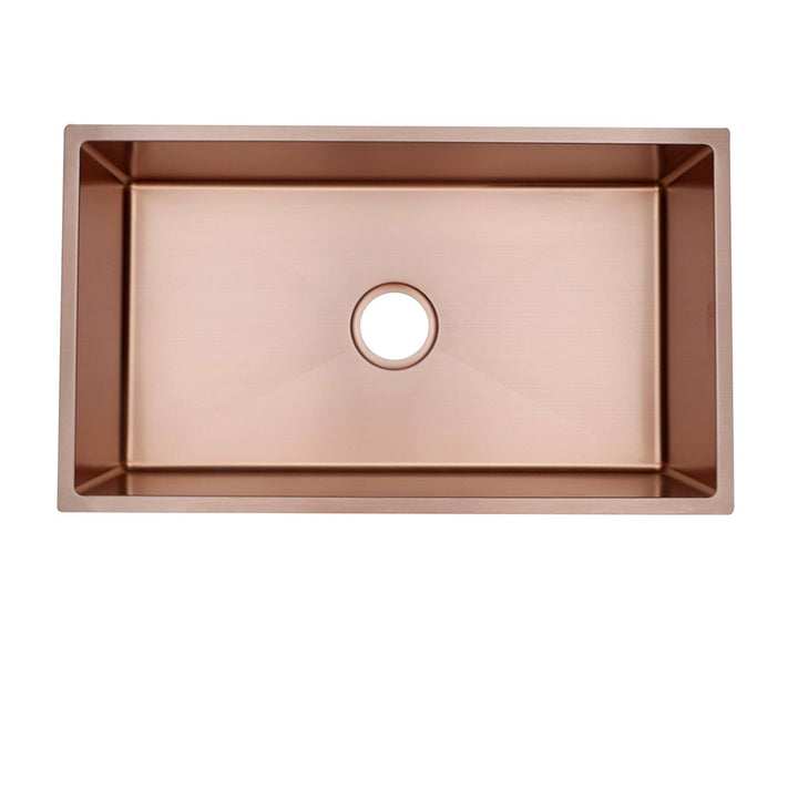 Cafe Brushed Copper Rose Gold Undermount Single Bowl Kitchen Sink made of Commercial Grade 16-Gauge Stainless Steel.