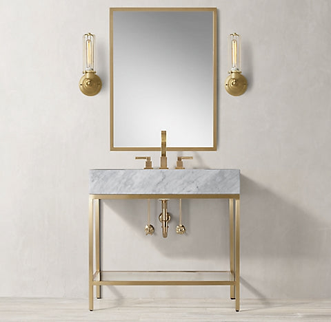 MILANO-Modern Exposed Console Brushed Gold Metal Steel Trim with 6" Natural Marble Bianco Carrera Marble Set