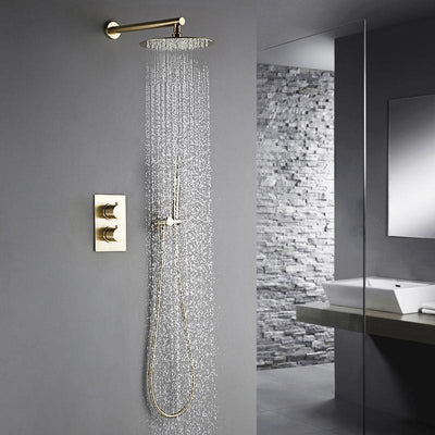Brushed Gold 10" Inch Round Rain head  Thermostatic Pressure balance 2 way functions shower kit