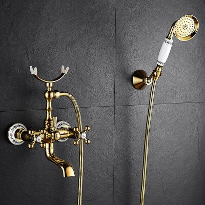 Gold Wall-mounted Bathtub Filler with Porcelain Handles