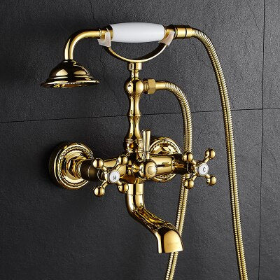 Gold Wall-mounted Bathtub Filler with Porcelain Handles
