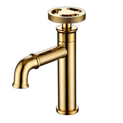 Polished Gold Round Wheel Industrial Victorian  Handle Single Hole Lavatory Faucet