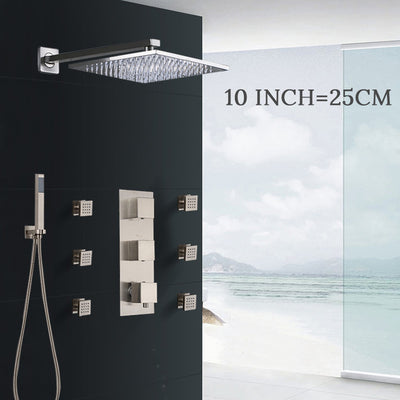 Brushed Nickel Square Design 3 Way Mixer Thermostatic Shower With 6 Body jet Massage Sprayer Set