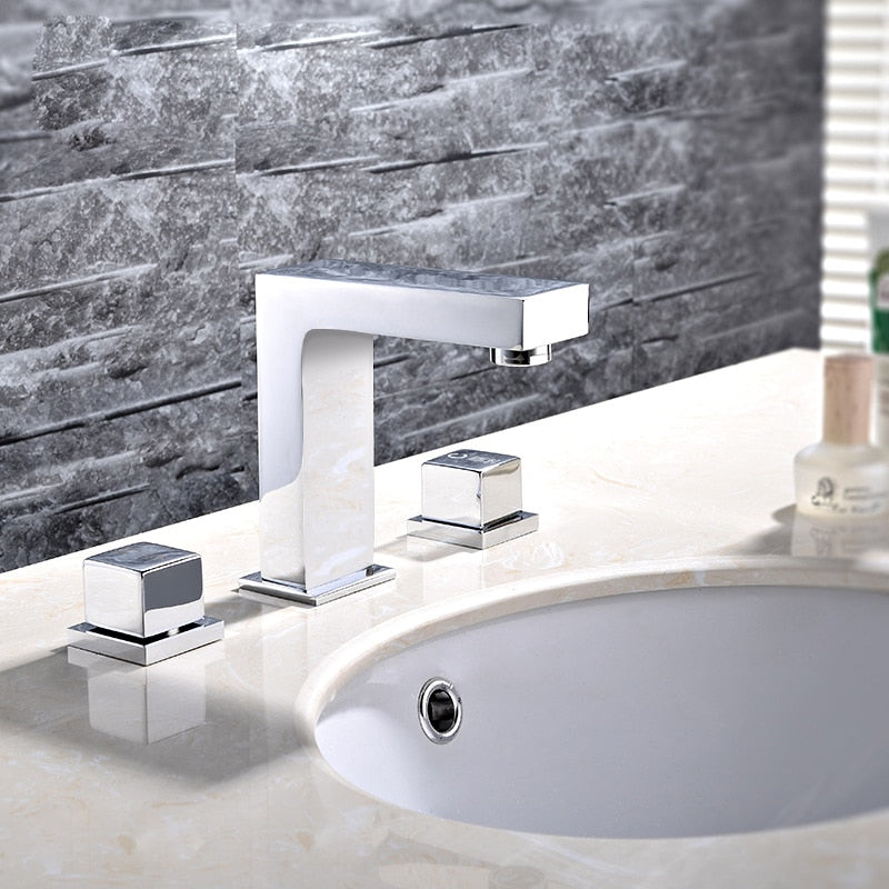 Chrome Modern Square Handles Design 8 Inch Wide Spread Lavatory Faucet
