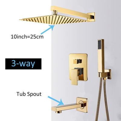 Gold polished 2 way square shower kit
