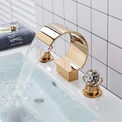 Gold polish waterfall 8" inch wide spread bathroom faucet with  crystal handle