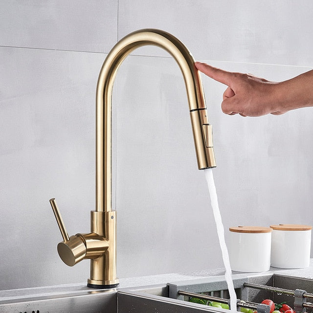 Matte Black - Brushed Gold Touch Less Sensor Kitchen Faucet Pull Out Dual Sprayer Mode