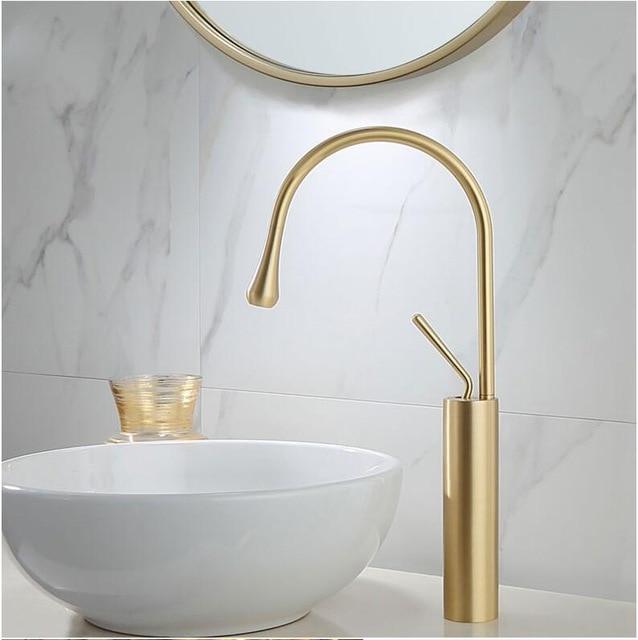 Brushed Gold-Black-White Tall Vessel Basin Bathroom Faucet