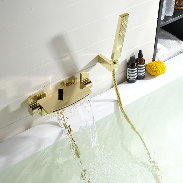 Gold Waterfall Wall Mounted Bathtub Filler Faucet Set