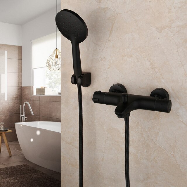 Black matte thermostatic tub and hand held spray shower kit