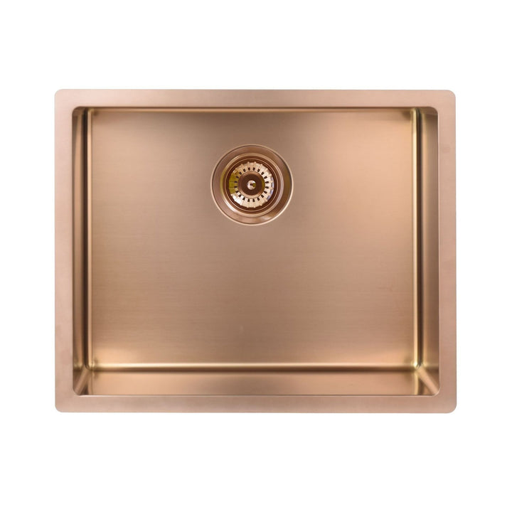 Cafe Brushed Copper Rose Gold Undermount Single Bowl Kitchen Sink made of Commercial Grade 16-Gauge Stainless Steel.