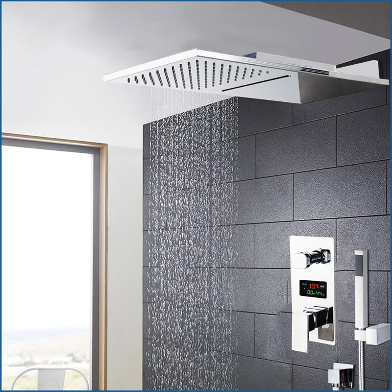 Chrome Finished Waterfall Rain 2 Way Mixer Shower LCD Temperature Control Display Shower Kit