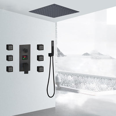 TOKYO-Black Square Ceiling Mount LED Temperature Thermostatic Control With 6 Body Jet Massage Sprayers Completed Shower Kit