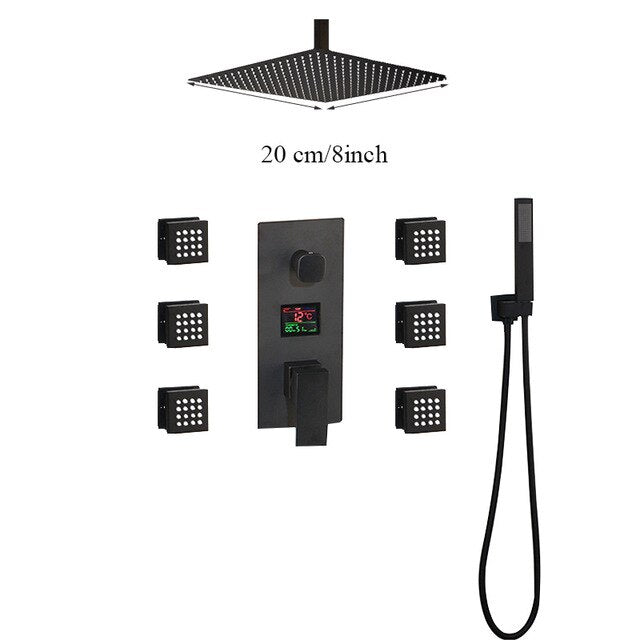 TOKYO-Black Square Ceiling Mount LED Temperature Thermostatic Control With 6 Body Jet Massage Sprayers Completed Shower Kit