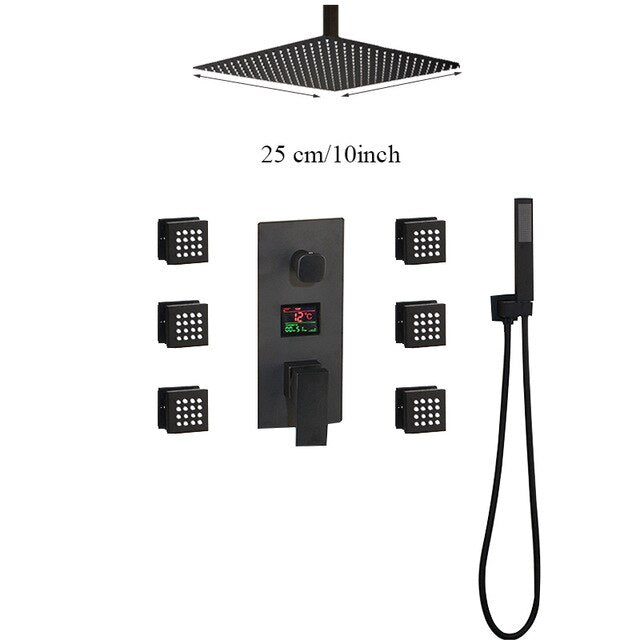 TOKYO-Black Square Ceiling Mount LED Temperature Thermostatic Control With 6 Body Jet Massage Sprayers Completed Shower Kit