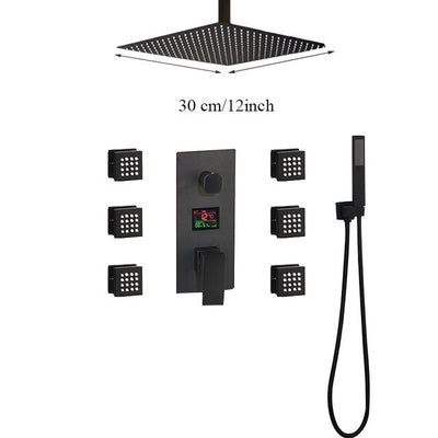 TOKYO-Black Square Ceiling Mount LED Temperature Thermostatic Control With 6 Body Jet Massage Sprayers Completed Shower Kit