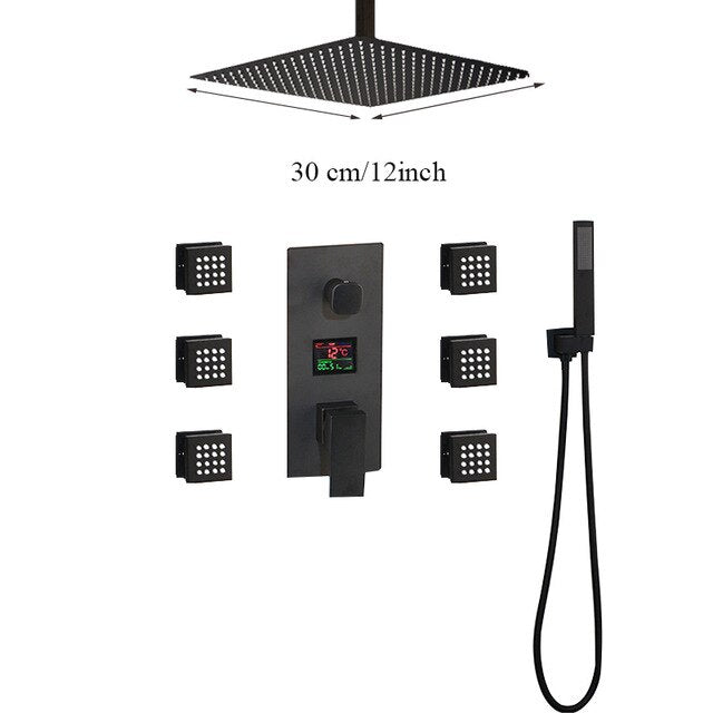 TOKYO-Black Square Ceiling Mount LED Temperature Thermostatic Control With 6 Body Jet Massage Sprayers Completed Shower Kit